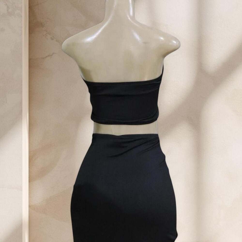 Black Two Piece Set β Strapless Top & Draped Maxi Skirt Gold Detail Sexy β§ M - Picture 4 of 4